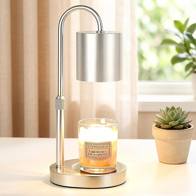 Dreamholder Electric Candle Warmer Lamp with Timer & Dimmer, Adjustable Height Wax Melt Warmer for Jar Candles, Wood Base Candle Melter, Floral Home Decor Gifts for Women, Mom, Silver