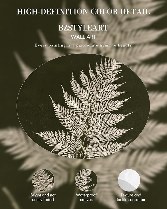 Bzstyleart Vintage Wall Art Decor Bedroom, Vintage Gold Framed Artwork, Fern Leaves Botanical wall Art Living Room, Canvas Picture Painting Room Decor Aesthetic, 12 x 16 Inch
