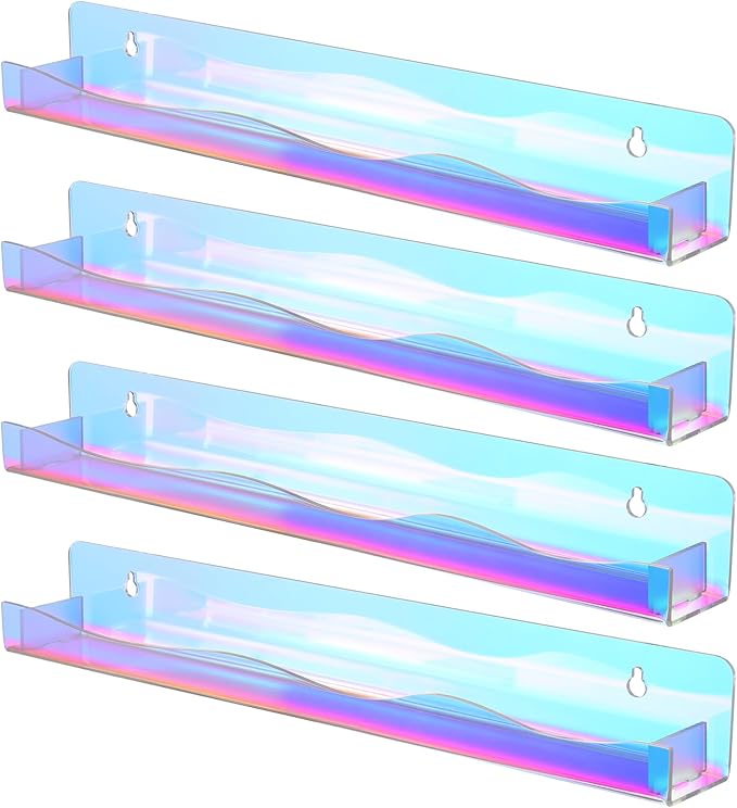 4 Pack 15" Iridescent Acrylic Floating Shelves, Wall Mounted Clear Acrylic Display Shelf Invisible Set up for Funko Pop Display Shelves Wall Organizer for Bathroom Bedroom Bookshelf