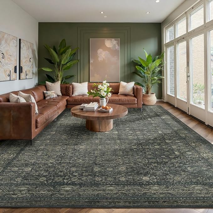 9x12 Washable Area Rug for Living Room, Extra Large,Green Vintage Floral Boho Rugs for Dining Room, Farmhouse, Durable Low Pile Non Slip Carpet for High Traffic Areas, Moss Brown
