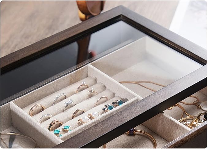 VSULZVNU makeup organizers Jewelry Boxes Organizer Vintage Jewelry Case with 2 Drawers and Transparent Glass Lid Wooden Jewelry Organizer For Necklaces Earrings Watches Jewelry Case (Color : Walnut)
