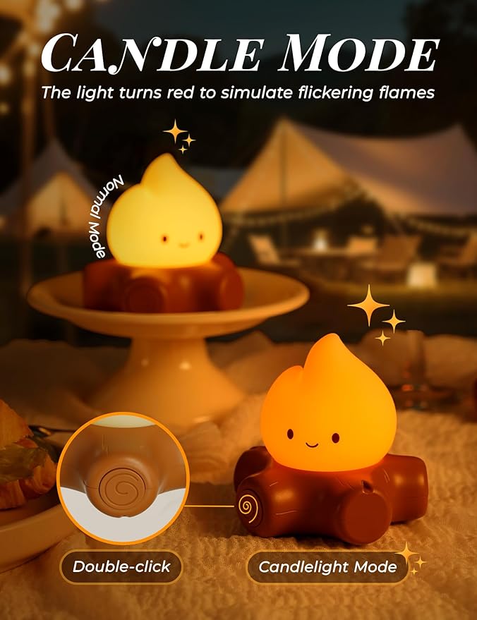 WANIDEA Fake Campfire Lamp, Ambient Lighting, White Noise Soothes The Mood, Portable Rechargeable Night Light, Candlelight Mode Mood Lighting, Bedroom, Desktop, Camping Decor, Cute Gifts
