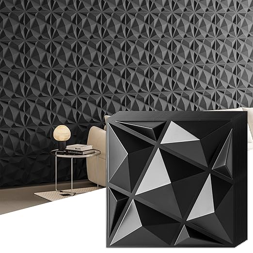 Art3dwallpanels 20 Pack 3D Wall Panels for Interior Wall Decor, 12''x12'' White Accent Diamond Panels for Gaming Room Bedroom TV Background, Black