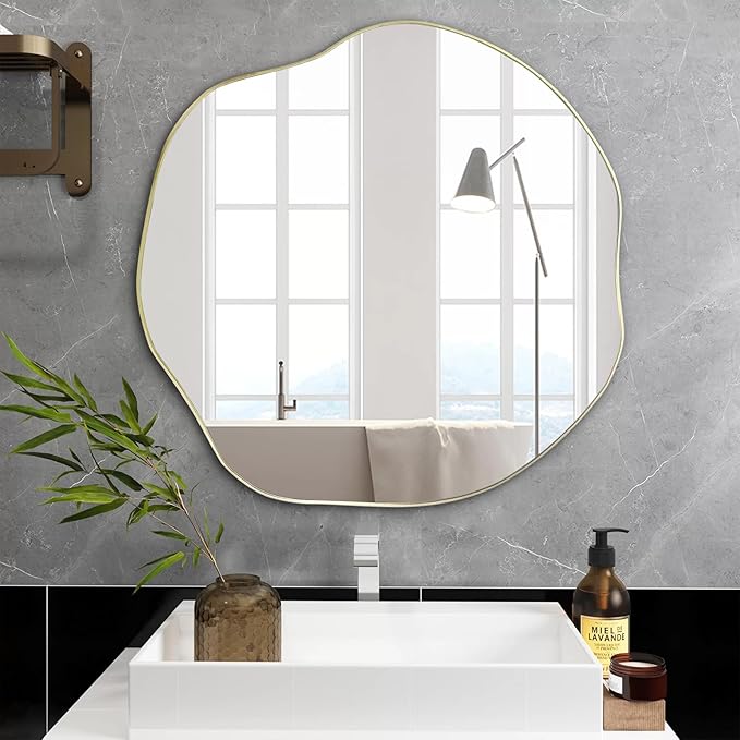 POZINO Gold Irregular Mirror, 30" Scalloped Rounded Mirrors, Asymmetrical Frameless Mirror, Modern Abstract Wall Mirrors for Living Room Bedroom Bathroom Entryway Hallway Fireplace