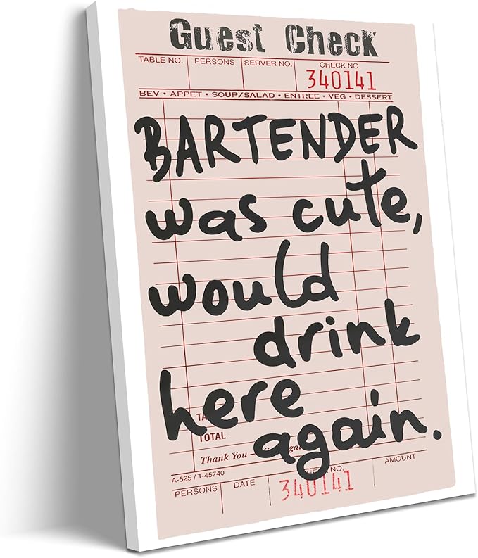 Framed Fun Bar Canvas Wall Art Bar Cart Accessories and Decor Trendy Preppy Black White Retro Guest Check Wall Decor Vintage Canvas Artwork for Home Kitchen Wall Decoration 16x24inch, Ready to Hang