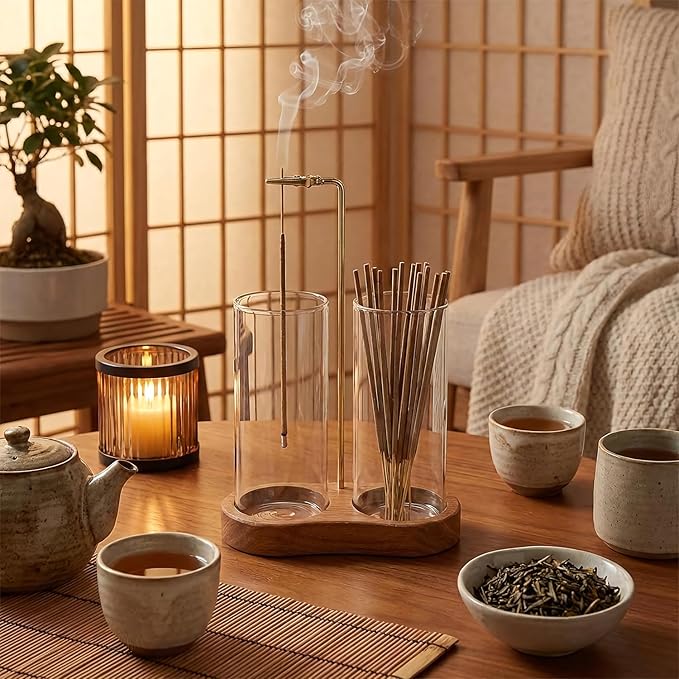 Incense Holder for Sticks with Glass Ash Catcher - Upside Down Anti-Ash Flying Incense Burner & Stick Storage Organizer, Ideal for Meditation, Yoga, Zen Home Decor, Spa Relaxation Gift (Natural Wood)