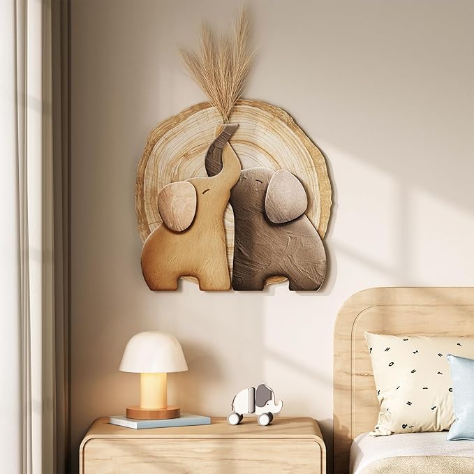 Troartos 3D Textured Elephant Wall Art Decor, Minimalist Neutral Brown Animal Artwork for Walls, Tree Ring Wall Decor for Living Room, Dining Room, Bedroom, Home Office 24x24 Inch