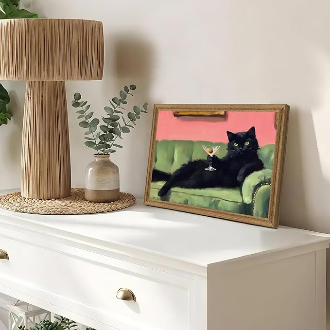 Fantasy Artists Humorous Black Cat Character Wall Art – Relaxed Anthropomorphic Illustration with Playful Attitude, Framed Canvas for Living Room, Office or Creative Space, 12W X 16H