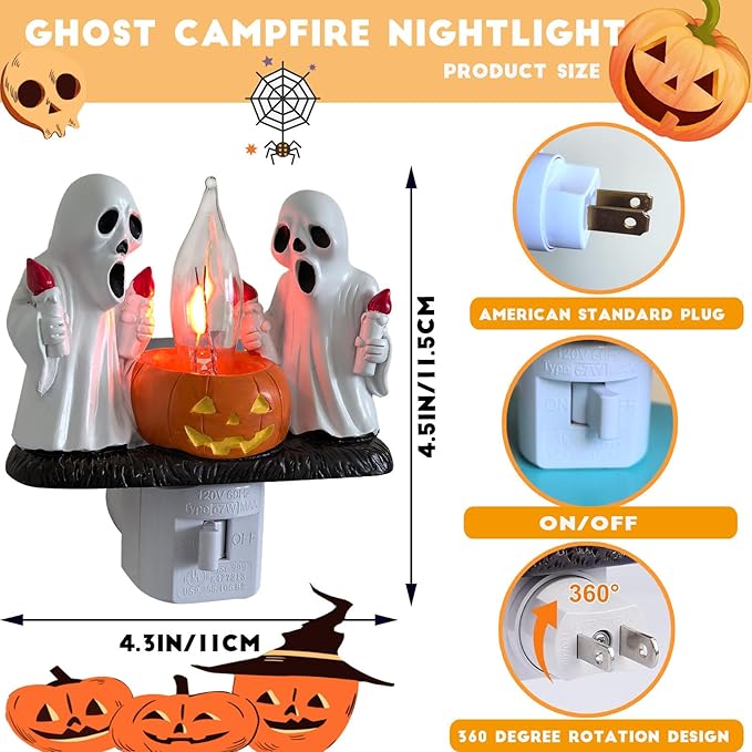 Ghost Campfire Nightlight,Halloween Campfire Flickering Night Light,3D Spooky Fire Marshmallow Night Light for Halloween Decor (Torch Ghost)