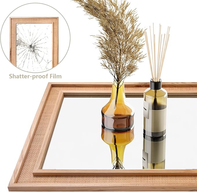 Rattan Full Length Mirror,20"x63" Long Rattan Wall Mirror,Wooden Mirror with Wicker Frame,Decorative Full Body Mirror Hanging,Farmhouse Rectangle Floor Mirror for Bathroom Living Dressing Room Nature