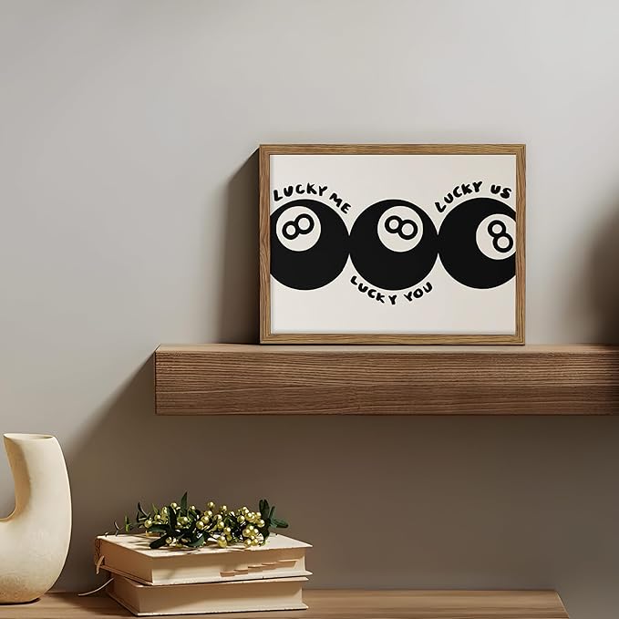 Trendy Black 8 Ball Wall Art, Funny Lucky You Y2k Canvas Wall Decor Painting, Funky Cool Billiards Posters Prints Pictures for Living Room Bedroom Apartment Dorm Room Decor 16x24 Inch Wood Framed