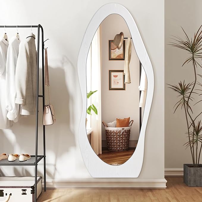 Wavy Mirror Wooden 59" x 24" Floor Mirror Full Length White Irregular Full Body Mirrors for Bedroom Cloakroom Living Room Entryway Hall