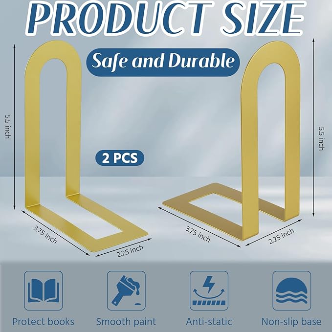Chunful 2 Pcs Modern Metal Book Ends for Shelves Decorative Small Bookends Book Shelf Organizer Minimalist Design Stopper to Hold Books for Home Office (Gold,5.5 * 3.75 * 2.25inch)