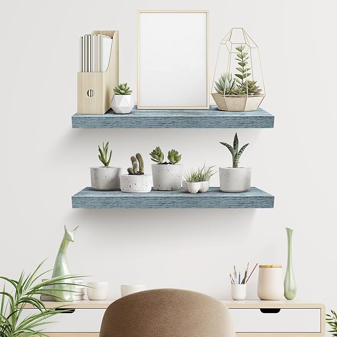 Sorbus Floating Shelves - 2 Pack 24 X 9 Inch Rustic Blue Wall Shelves for Bedroom, Kitchen, Living Room, Bathroom Shelves, Home Decor - Extra Long Floating Shelf for Trophy, Books Frames, Toilet Paper