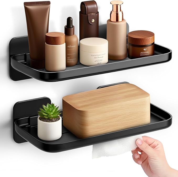HINIHAO 2pc Wall Mounted Floating Shelf, Self Adhesive Small Shelf, No Drill Shelves for Wall, Floating Shelves Damage-Free Expand Walls Space for Living Room Kitchen Bathroom (Black)