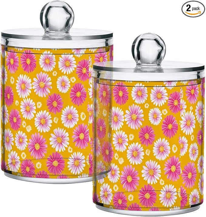 2 Pack Apothecary Jars Small Daisies in Pink Bathroom Vanity Storage Organizer Set,Small Clear Plastic Storage Jars Bathroom Canister for Cotton Swabs, Rounds, Balls, Qtips,Makeup Sponges, Flos