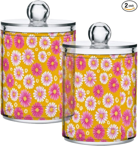 2 Pack Apothecary Jars Small Daisies in Pink Bathroom Vanity Storage Organizer Set,Small Clear Plastic Storage Jars Bathroom Canister for Cotton Swabs, Rounds, Balls, Qtips,Makeup Sponges, Flos