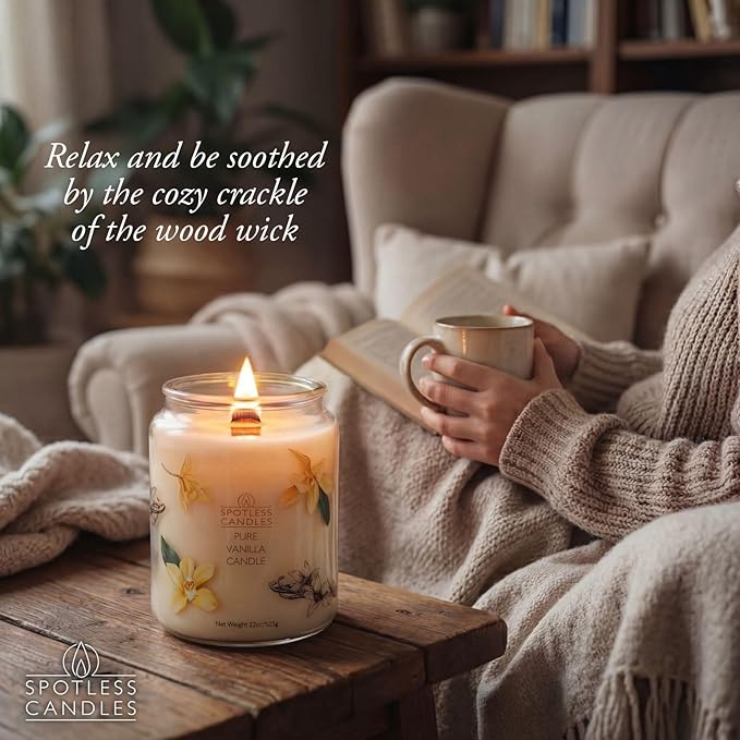 Pure Vanilla Scented Candle 22oz – 80-85 Hour Burn Time, Wooden Wick, Large Glass Jar with Lid, Warm Cozy Fragrance for Home Relaxation & Gift by Spotless Leopard