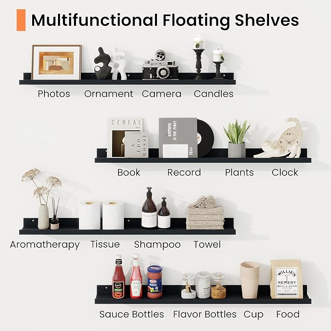 RICHFOCUS Picture Ledge Shelf, 72 inch Floating Shelves Set of 2, Wood Wall Shelves with Lip, Wall Decor Storage for Bedroom Living Room Bathroom Kitchen Nursery Photo Picture, Black