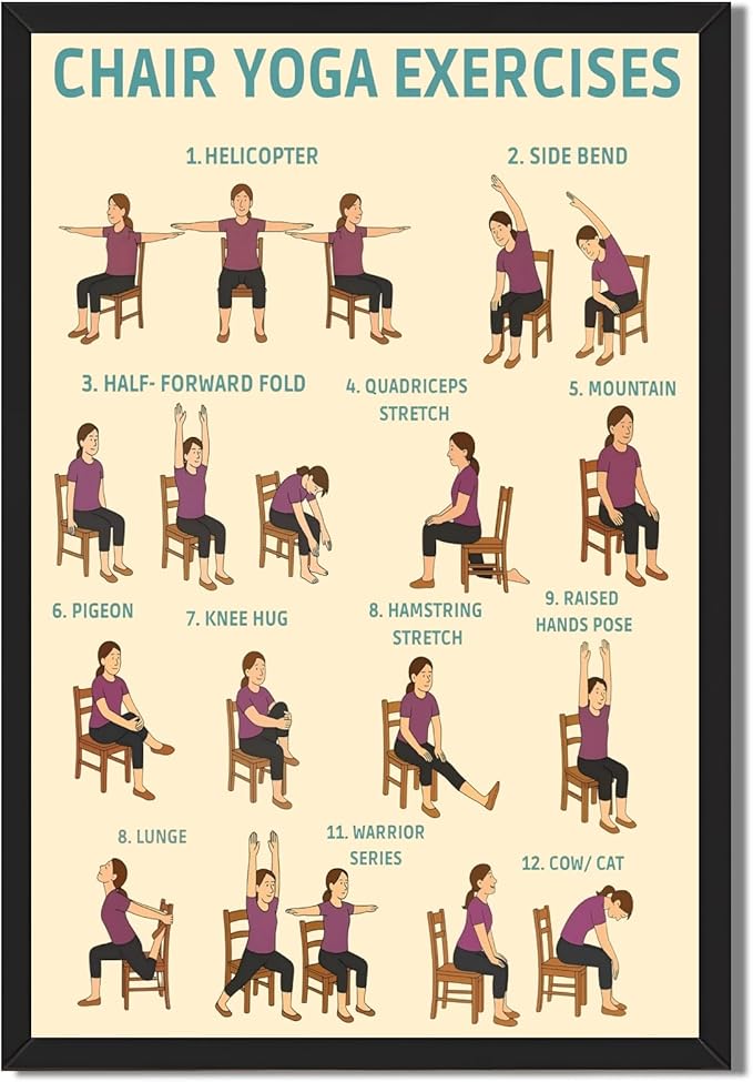Licpach Chair Yoga Exercises Poster Fitness Instruction Canvas Print Wall Art Wellness Chart for Seniors Over 60 Senior Stretching Workout Guide for Office Desk Home Gym Studio 12x16inch Black Frame