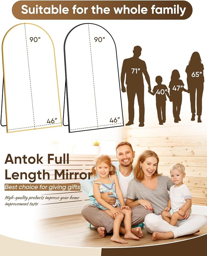 Antok Full Length Mirror, 46"x86" Floor Mirror with Stand, Hanging Mounted Mirrors for Bedroom, Living Room, Cloakroom, Dining Room, Black, Arched