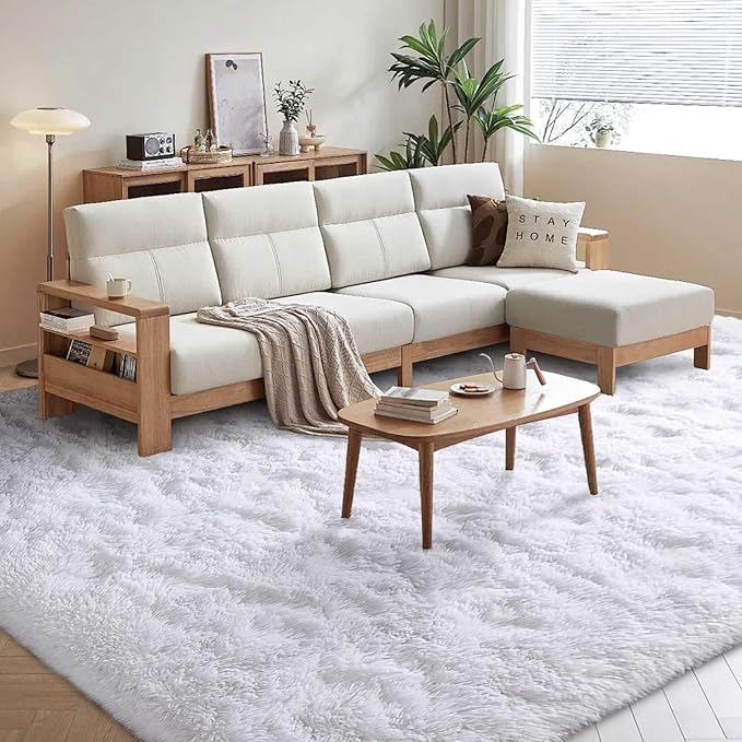 FinRèc White Rugs for Bedroom Living Room, 5x7 Feet Fluffy Shaggy Area Rug, Non-Slip Soft Shag Rug for Nursery Kids Room Dorm Room Home Decor, Indoor Plush Floor Carpet