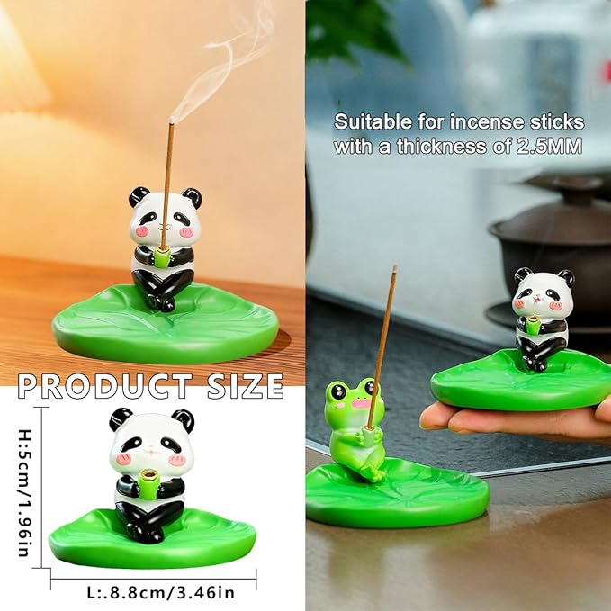 Panda Incense Holder Cute Animal Figurine Incense Burner Ash Catcher Creative Cartoon Resin Panda and Green Lotus Leaf Base Statue for Home Room Decor Meditation Yoga Spa