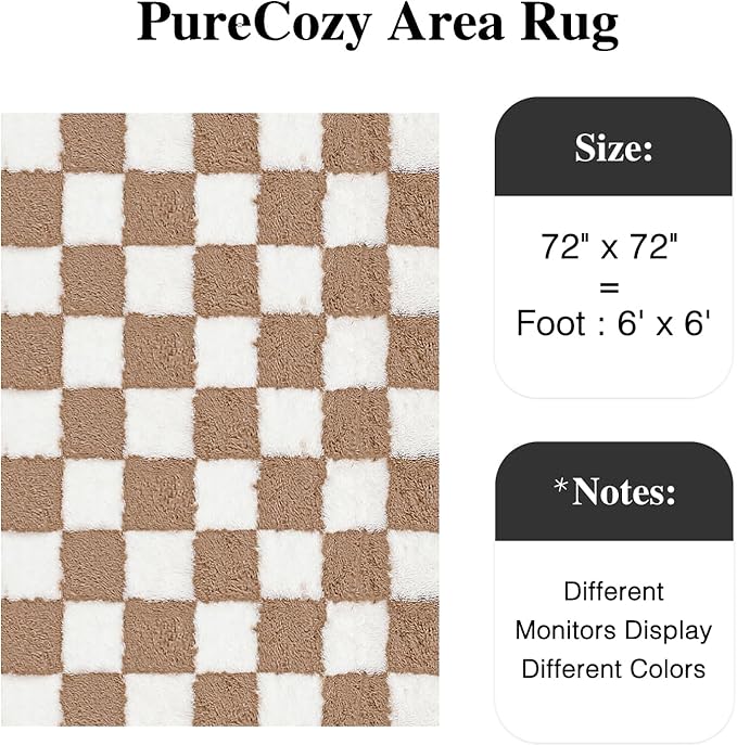 PureCozy Checkered Round Rugs 6ft for Living Room, Brown and White Modern Shag Rugs Super Soft Washable Fluffy Indoor Office Carpet for Bedroom Home Dorm Aesthetic Decor