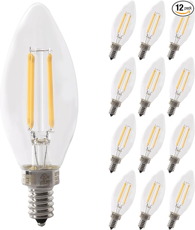 Feit Electric LED Candelabra Light Bulb, 100W Equivalent, Dimmable, E12 Base, 5000K Daylight, B10 Filament Torpedo Tip Decorative Lighting Bulbs, 13-Year Lifetime, BPCTC100950CAFIL/2/6, 12 Pack