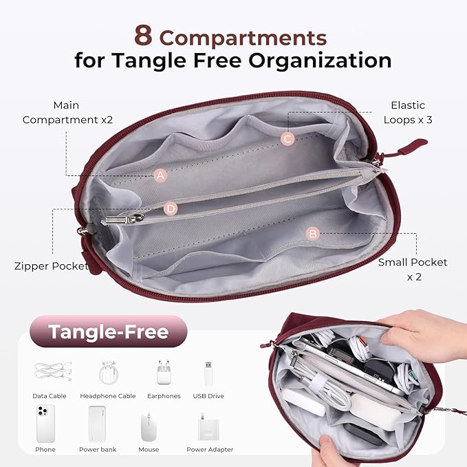 FYY Travel Cable Organizer - 8 Compartments Lightweight Water Resistant Tech Pouch with Wrist Strap, Electronic Accessories Case for Cord Charger Storage for Travel Home Office, Wine Red (Medium)