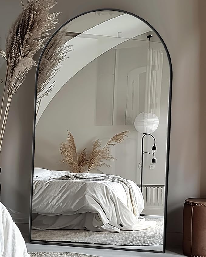 Antok 76" x44” Arched Full Length Floor Mirror, Black Aluminum Frame, Free Standing/Wall Mount/Leaning for Bedroom, Living Room, Dressing Room