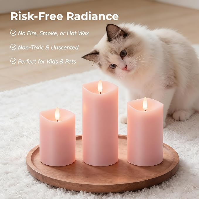 Pink Flameless Candles with Remote and Timer, Real Wax Made LED Pillar Candles Battery Operated with 3D Flickering Flame Melted Edge, 3" x 4",5",6", Set of 3 (Pastel Pink)