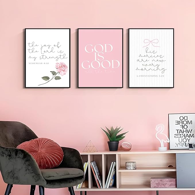3Pcs Pink Christian Canvas Wall Art Coquette Bow Poster Print Aesthetic Picture Preppy Painting Wall Decor For Girls Bedroom Bathroom or Dorm 12x16in Unframed
