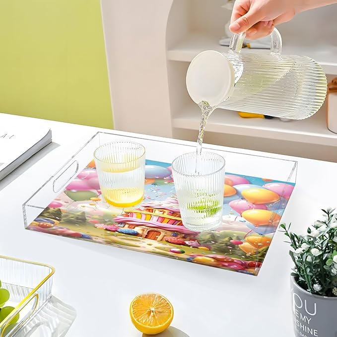 Happy Birthday Clear Acrylic Serving Tray Decorative Acrylic Trays for Breakfast, Bathroom Desk Organizer Storage Tray (15.7"x11.8") ﻿