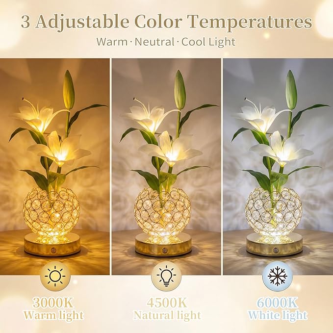 Stargazer Lily Flowers Table Lamp, Rechargeable Cordless Touch Crystal Lamp with 3 Color Modes, Easter Lily Night Light for Bedroom Kitchen Office Decor, Birthday Mothers Day Gifts for Women Mom