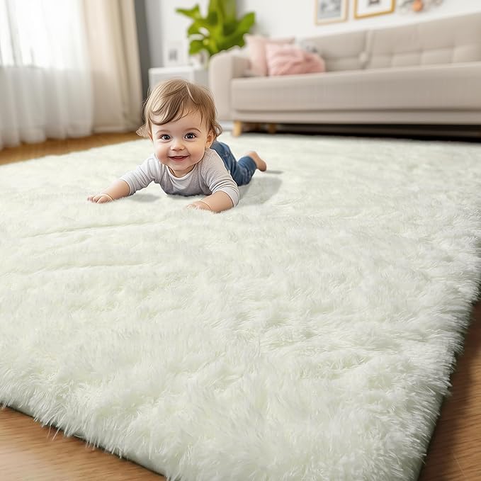 Amdrebio Ivory White Rugs for Bedroom Living Room, Soft Indoor Modern Area Rug 4x6 for Kids Room, Cute Fluffy Thick Fuzzy Carpet for Nursery Dorm, Home Decor, Furry Cream Rugs for Baby Teen Girls Boys