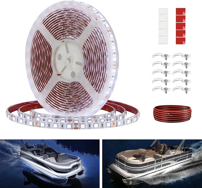 Pontoon LED Strip Lights, 12V 5M/16.4FT Waterproof Marine LED Light Boat Interior Lights, Boat Deck Light for Night Fishing, Ideal for Pontoon and Fishing Boat, Extension Cable Included (White)