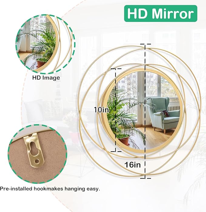 Large Round Mirror with Iron Metal Wire Frame Wall-Mounted Mirror for Home Decorative Living Room Bedroom Bathroom Entryway 16” x 16”
