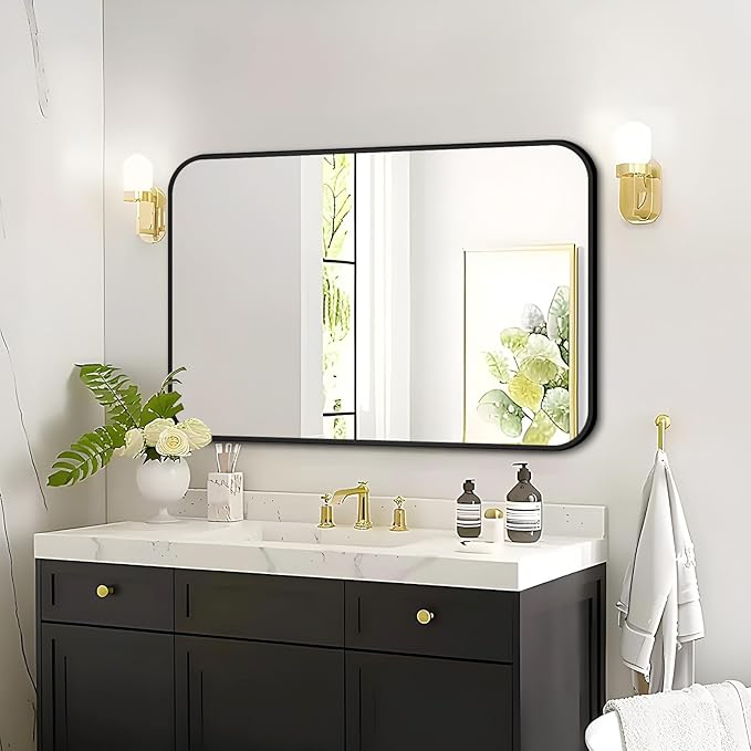 Fabuday Black Bathroom Mirror for Over Sink - 24x36 Wall Mirror with Matte Metal Frame, Big Rounded Rectangular Vanity Mirrors for Bedroom, Living Room, Entryway, Horizontally/Vertically