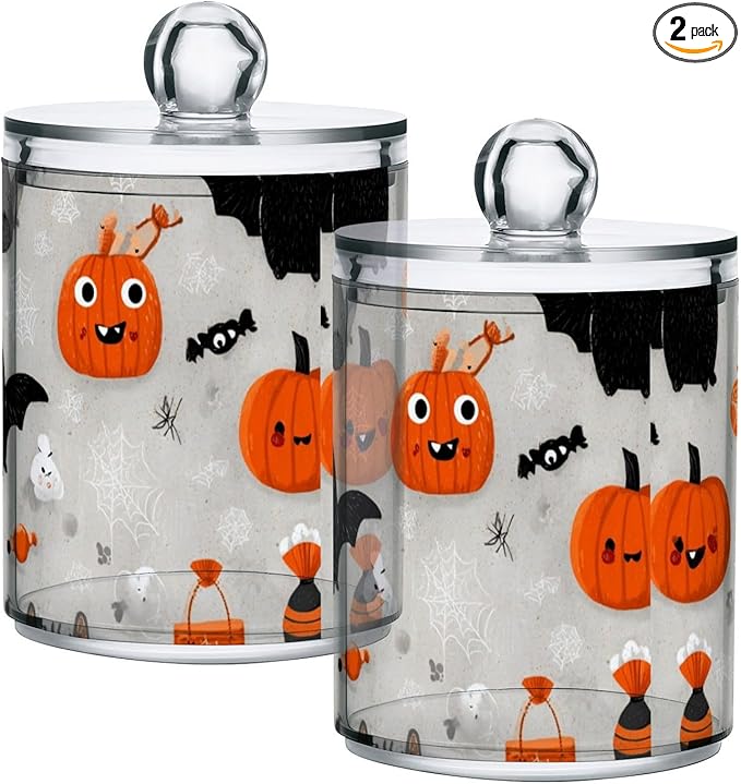 2 Pack Apothecary Jars Halloween Black Bats Bathroom Vanity Storage Organizer Set,Small Clear Plastic Storage Jars Bathroom Canister for Cotton Swabs, Rounds, Balls, Qtips,Makeup Sponges, Floss