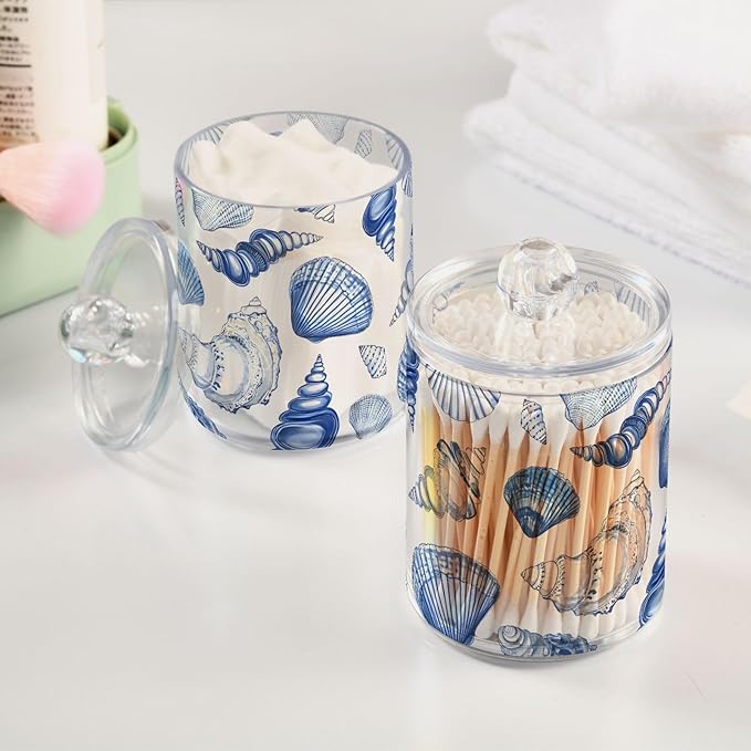 4 Pack Qtip Holder Dispenser Blue Seashells Ocean Nautical Coastal Cotton Ball Swab Round Pads Floss Clear Bathroom Storage Containers Plastic Apothecary Jars with Lids