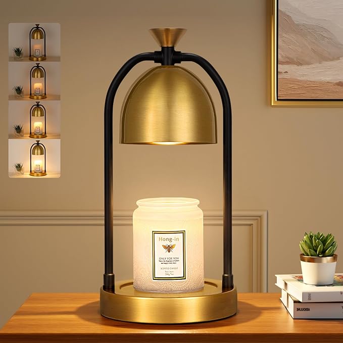 Hong-in Gold Candle Warmer Lamp with Timer-Modern Room Decor Aesthetic Vintage, Gifts for Women,Dimmable Wax Melt Warmer for Scented Wax with 2 Bulbs