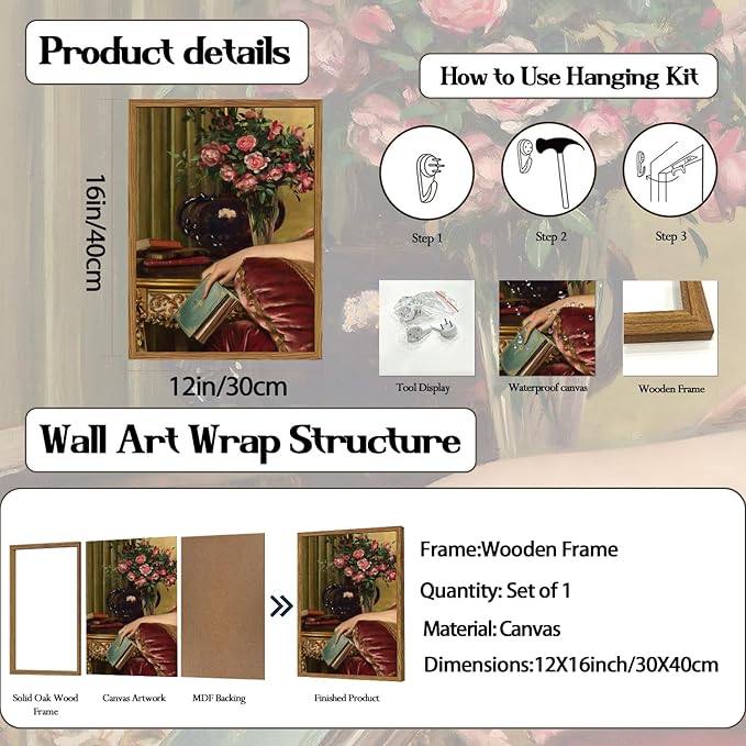 Framed Vintage Wall Art, Moody Victorian Wall Decor Paintings, Mid Century Modern Antique Book Woman Still Life Canvas Prints Pictures Home Decor Aesthetic for Living Room Bedroom Bathroom 12x16 inch