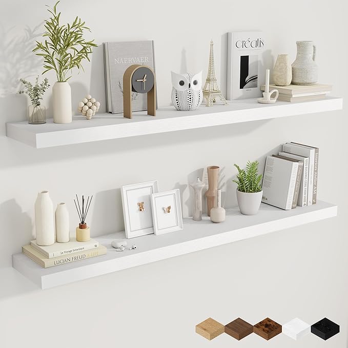 Fun Memories 55 Inch Fireplace Mantel Shelf, 9.3" Deep Floating Shelves for Wall, Long Wall Mounted Farmhouse Display Shelves with Invisible Heavy Duty Metal Bracket, White, 2 Pack