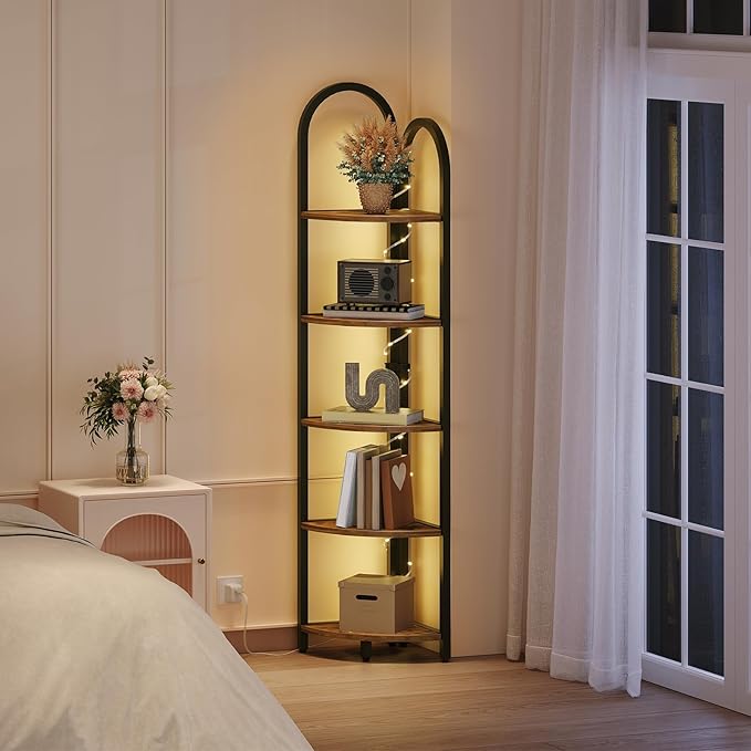 MAHANCRIS 5-Tier Corner Shelf with LED Light, 64.6'' Arched Corner Bookshelf, Narrow Storage Shelf with Metal Frame, for Living Room, Bedroom, Small Spaces, Rustic Brown and Black CSHR55101
