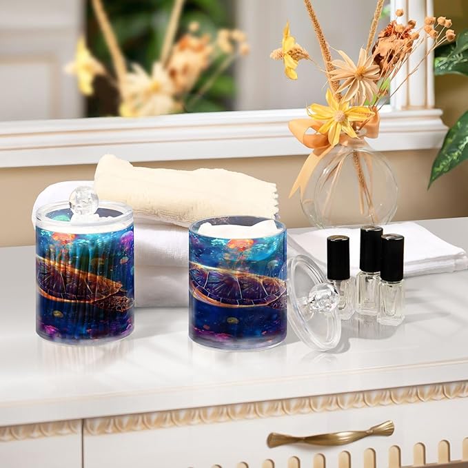 Colourful Jellyfish Ocean Turtle Qtip Holder Dispenser Clear Plastic Apothecary Jar with Lid Bathroom Organizer Vanity Makeup Storage Containers for Cotton Ball, Cotton Swab, Floss, 2 Pack