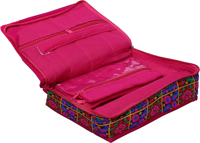 Kuber Industries Embroidery Design Jewellery Organiser For Women With Jewellery Pouches, Bangle Organizer Rod Travel Makeup Storage Organizer-Pack of 2 (Pink)