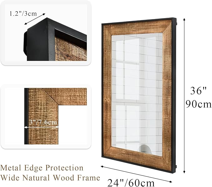 Rustic Solid Wood Wall Mirror 36x24 Inch, Vintage Wood Framed Wall Mirror for Bathroom Over Sink, Living Room, Hallway & Entryway, Farmhouse Style Decorative Mirror