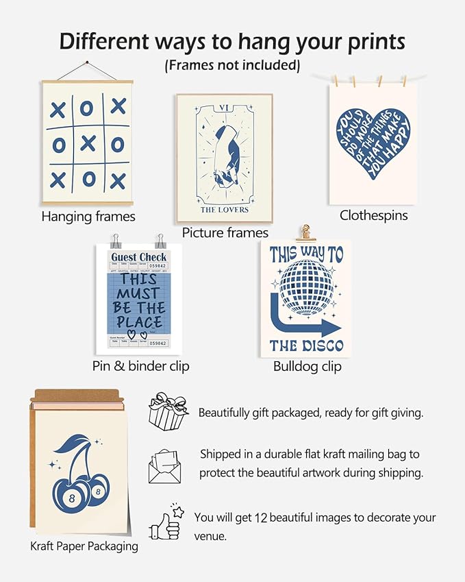 KBKBART 12pcs Blue Lucky Poster - Playing Card Wall Art, Poker Room Decor, Blue Trendy Wall Art, Funky Posters Aesthetic Pictures, Retro Ace Prints Queen of Hearts Decor for Bedroom (UNFRAMED)