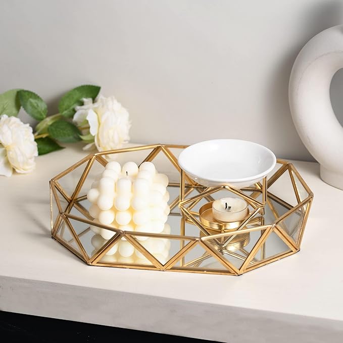 Feyarl Gold Glass Perfume Tray Mirror Vanity Jewelry Trinket Organizer Ornate Cosmetic Makeup Display Decorative Tray for Bathroom Home Decor Dresser Tabletop Countertop （11 x 8.26 x 1.96inch）